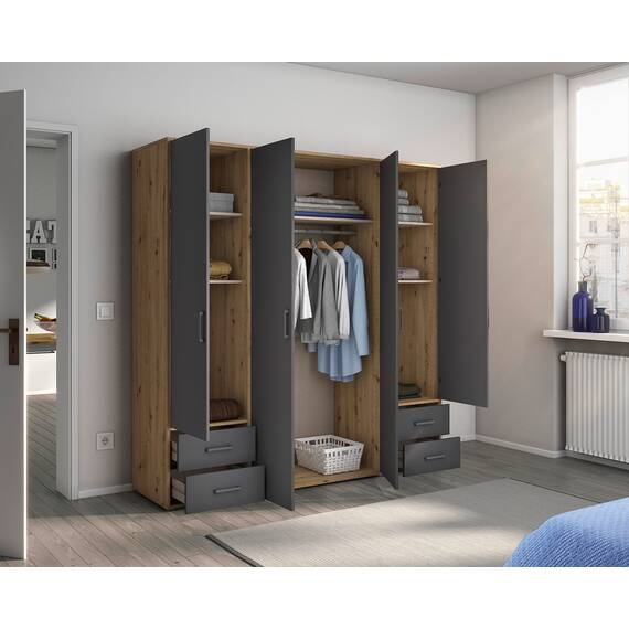 Rauch Möbel Voyager, Kleiderschrank für Schlafzimmer, Kinderzimmer, Babyzimmer, Flur, 4-türig, 4 Schubladen, mit Zubehör Basic, Farbe Grau metallic, Schwarz/Eiche Artisan, Holz, Breite 187cm