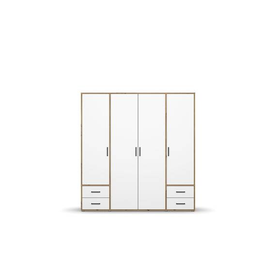 Rauch Möbel Voyager, Kleiderschrank für Schlafzimmer, Kinderzimmer, Babyzimmer, Jugendzimmer, Flur, 4-türig, 4 Schubladen, mit Zubehör Basic, Farbe Weiß/Eiche Artisan, Breite 187cm
