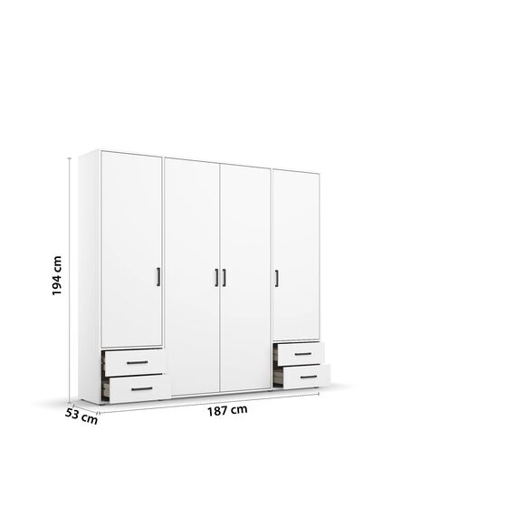 Rauch Möbel Voyager, Kleiderschrank für Schlafzimmer, Kinderzimmer, Jugendzimmer, Flur, 4-türig, 4 Schubladen, mit Zubehör Classic, Farbe Weiß, Breite 187cm