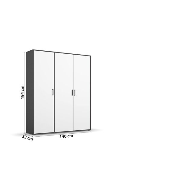 Rauch Möbel Voyager, Kleiderschrank für Schlafzimmer, Kinderzimmer, Babyzimmer, Jugendzimmer, Flur, 3-türig, mit Zubehör Basic, Farbe Weiß/Grau metallic, Schwarz, Breite 140cm
