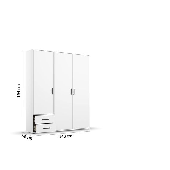 Rauch Möbel Voyager, Kleiderschrank für Schlafzimmer, Kinderzimmer, Jugendzimmer, Flur, 3-türig, 2 Schubladen, mit Zubehör Classic, Farbe Weiß, Breite 140cm