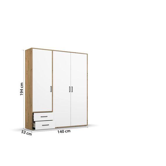 Rauch Möbel Voyager, Kleiderschrank für Schlafzimmer, Kinderzimmer, Jugendzimmer, Flur, 3-türig, 2 Schubladen, mit Zubehör Premium, Farbe Weiß/Eiche Artisan, Holz, Breite 140cm