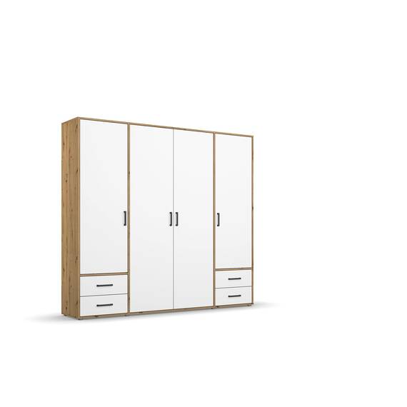 Rauch Möbel Voyager, Kleiderschrank für Schlafzimmer, Kinderzimmer, Babyzimmer, Jugendzimmer, Flur, 4-türig, 4 Schubladen, mit Zubehör Basic, Farbe Weiß/Eiche Artisan, Breite 187cm