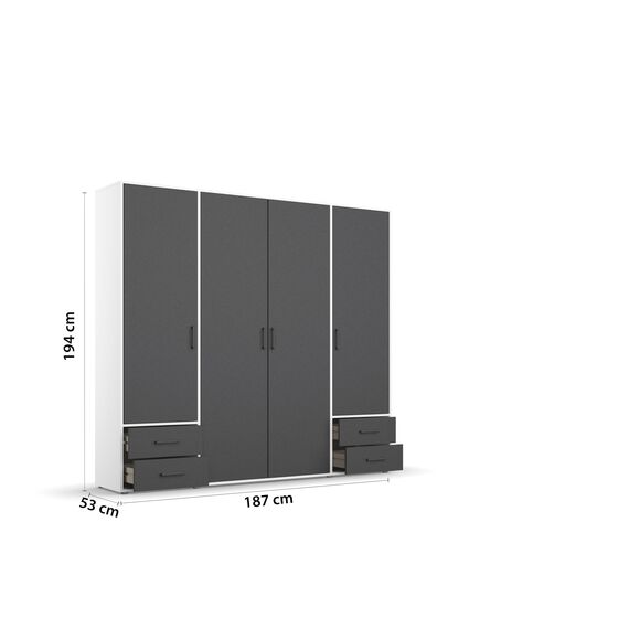 Rauch Möbel Voyager, Kleiderschrank für Schlafzimmer, Kinderzimmer, Jugendzimmer, Flur, 4-türig, 4 Schubladen, mit Zubehör Classic, Farbe Grau metallic, Schwarz/Weiß, Breite 187cm