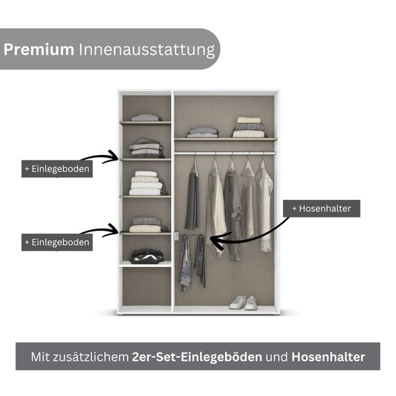 Rauch Möbel Voyager, Kleiderschrank für Schlafzimmer, Kinderzimmer, Jugendzimmer, Flur, 3-türig, 2 Schubladen, mit Zubehör Premium, Farbe Weiß, Breite 140cm