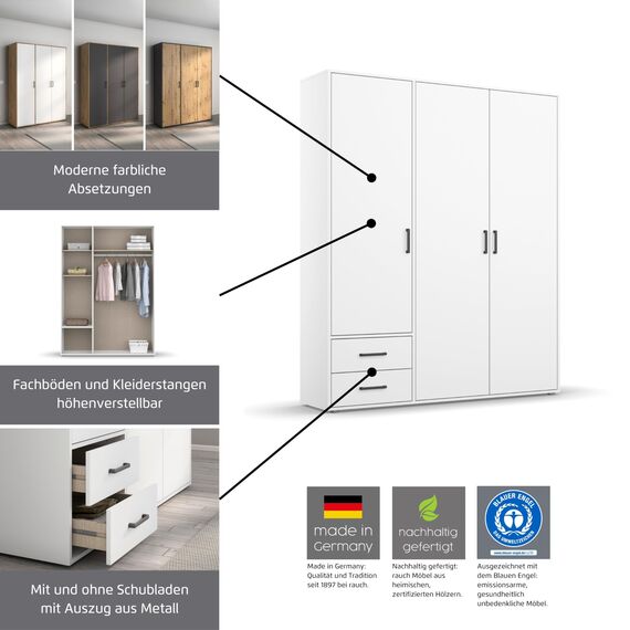 Rauch Möbel Voyager, Kleiderschrank für Schlafzimmer, Kinderzimmer, Babyzimmer, Jugendzimmer, Flur, 3-türig, mit Zubehör Basic, Farbe Gra umetallic, Schwarz/Weiß, Breite 140cm