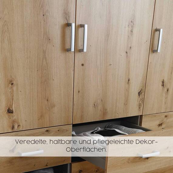 Rauch Möbel Voyager, Kleiderschrank für Schlafzimmer, Kinderzimmer, Jugendzimmer, Flur, 4-türig, 4 Schubladen, mit Zubehör Premium, Farbe Grau metallic, Schwarz/Weiß, Breite 187cm