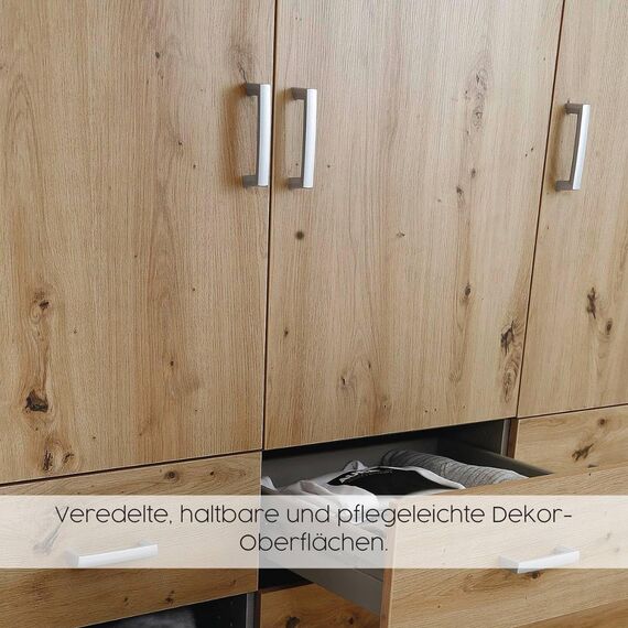 Rauch Möbel Voyager, Kleiderschrank für Schlafzimmer, Kinderzimmer, Jugendzimmer, Flur, 4-türig, mit Zubehör Classic, Farbe Grau metallic, Schwarz/Eiche Artisan, Holz, Breite 187cm