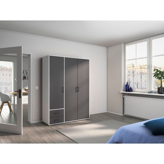 Rauch Möbel Voyager, Kleiderschrank für Schlafzimmer, Kinderzimmer, Jugendzimmer, Flur, 3-türig, 2 Schubladen, mit Zubehör Premium, Farbe Grau metallic, Schwarz/Weiß, Breite 140cm