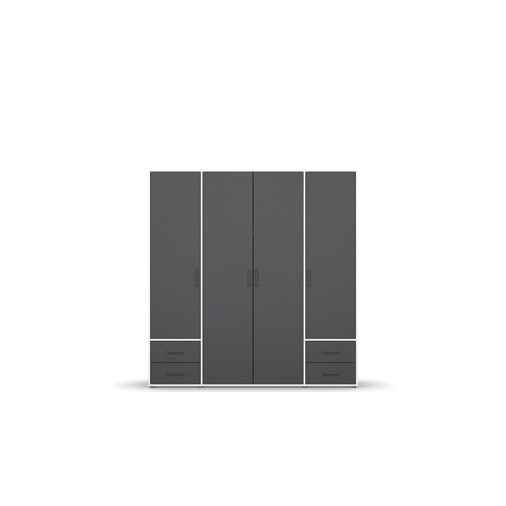Rauch Möbel Voyager, Kleiderschrank für Schlafzimmer, Kinderzimmer, Jugendzimmer, Flur, 4-türig, 4 Schubladen, mit Zubehör Classic, Farbe Grau metallic, Schwarz/Weiß, Breite 187cm
