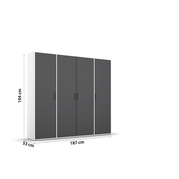 Rauch Möbel Voyager, Kleiderschrank für Schlafzimmer, Kinderzimmer, Jugendzimmer, Flur, 4-türig, mit Zubehör Classic, Farbe Grau metallic, Schwarz/Weiß, Breite 187cm