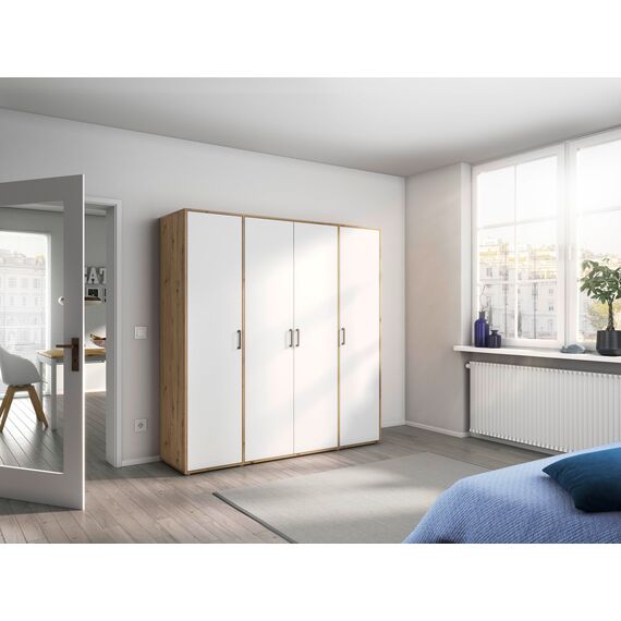 Rauch Möbel Voyager, Kleiderschrank für Schlafzimmer, Kinderzimmer, Jugendzimmer, Flur, 4-türig, mit Zubehör Premium, Farbe Weiß/Eiche Artisan, Holz, Breite 187cm