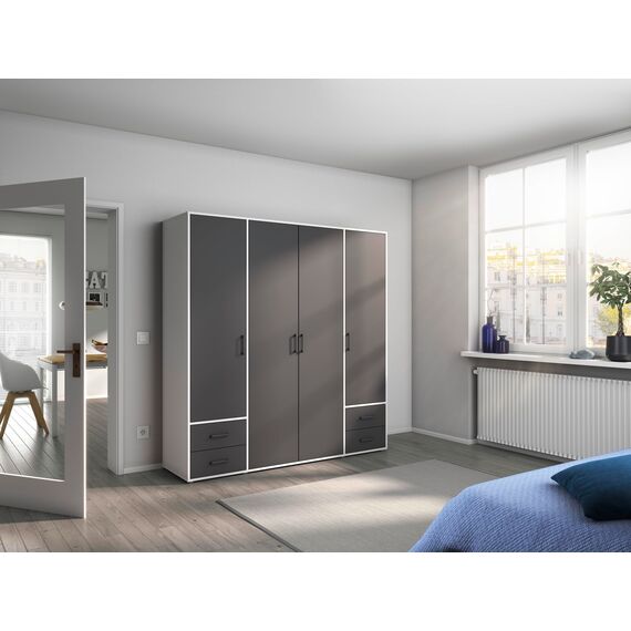 Rauch Möbel Voyager, Kleiderschrank für Schlafzimmer, Kinderzimmer, Jugendzimmer, Flur, 4-türig, 4 Schubladen, mit Zubehör Classic, Farbe Grau metallic, Schwarz/Weiß, Breite 187cm