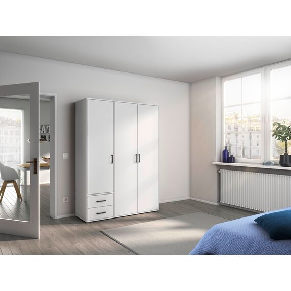Rauch Möbel Voyager, Kleiderschrank für Schlafzimmer, Kinderzimmer, Jugendzimmer, Flur, 3-türig, 2 Schubladen, mit Zubehör Premium, Farbe Weiß, Breite 140cm