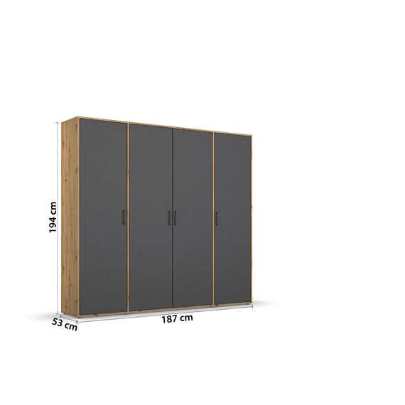 Rauch Möbel Voyager, Kleiderschrank für Schlafzimmer, Kinderzimmer, Jugendzimmer, Flur, 4-türig, mit Zubehör Classic, Farbe Grau metallic, Schwarz/Eiche Artisan, Holz, Breite 187cm