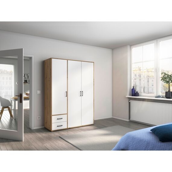 Rauch Möbel Voyager, Kleiderschrank für Schlafzimmer, Kinderzimmer, Jugendzimmer, Flur, 3-türig, 2 Schubladen, mit Zubehör Premium, Farbe Weiß/Eiche Artisan, Holz, Breite 140cm