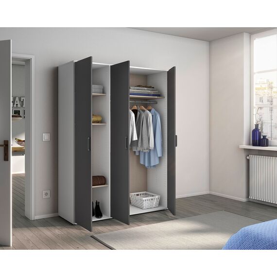 Rauch Möbel Voyager, Kleiderschrank für Schlafzimmer, Kinderzimmer, Babyzimmer, Jugendzimmer, Flur, 3-türig, mit Zubehör Basic, Farbe Gra umetallic, Schwarz/Weiß, Breite 140cm