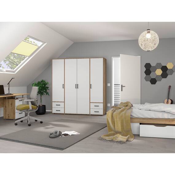 Rauch Möbel Voyager, Kleiderschrank für Schlafzimmer, Kinderzimmer, Babyzimmer, Jugendzimmer, Flur, 4-türig, 4 Schubladen, mit Zubehör Basic, Farbe Weiß/Eiche Artisan, Breite 187cm