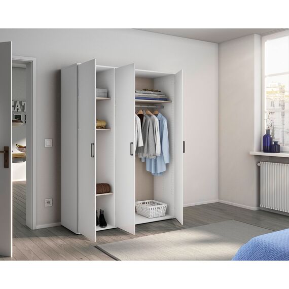 Rauch Möbel Voyager, Kleiderschrank für Schlafzimmer, Kinderzimmer, Babyzimmer, Jugendzimmer, Flur, 3-türig, mit Zubehör Basic, Farbe Weiß, Breite 140cm
