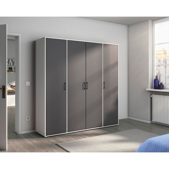 Rauch Möbel Voyager, Kleiderschrank für Schlafzimmer, Kinderzimmer, Babyzimmer, Jugendzimmer, Flur, 4-türig, mit Zubehör Basic, Farbe Gra umetallic, Schwarz/Weiß, Breite 187cm
