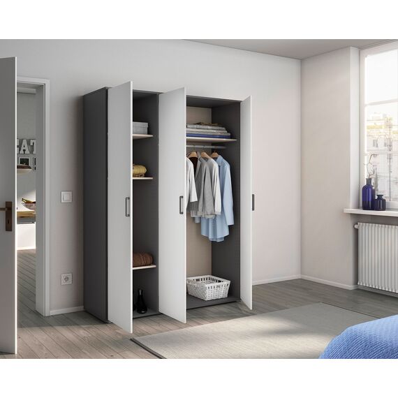 Rauch Möbel Voyager, Kleiderschrank für Schlafzimmer, Kinderzimmer, Babyzimmer, Jugendzimmer, Flur, 3-türig, mit Zubehör Basic, Farbe Weiß/Grau metallic, Schwarz, Breite 140cm