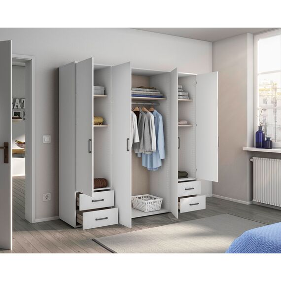 Rauch Möbel Voyager, Kleiderschrank für Schlafzimmer, Kinderzimmer, Babyzimmer, Jugendzimmer, Flur, 4-türig, 4 Schubladen, mit Zubehör Basic, Farbe Weiß, Breite 187cm