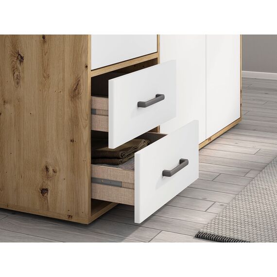 Rauch Möbel Voyager, Kleiderschrank für Schlafzimmer, Kinderzimmer, Babyzimmer, Jugendzimmer, Flur, 3-türig, 2 Schubladen, mit Zubehör Basic, Farbe Weiß/Eiche Artisan, Breite 140cm