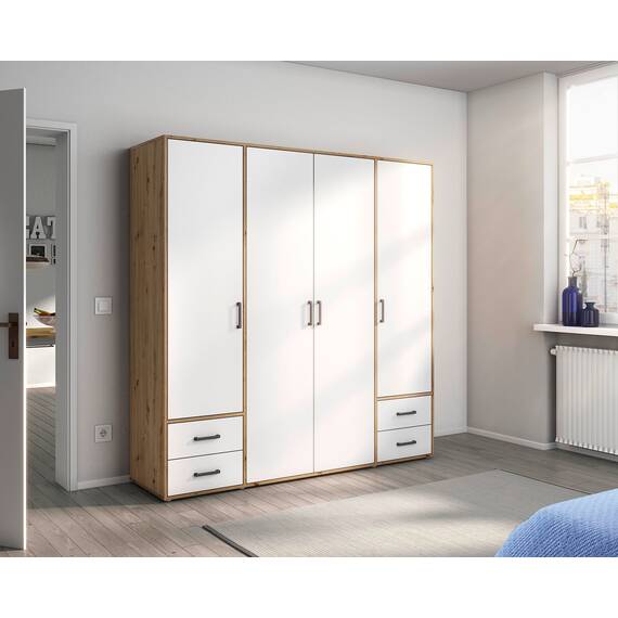 Rauch Möbel Voyager, Kleiderschrank für Schlafzimmer, Kinderzimmer, Babyzimmer, Jugendzimmer, Flur, 4-türig, 4 Schubladen, mit Zubehör Basic, Farbe Weiß/Eiche Artisan, Breite 187cm