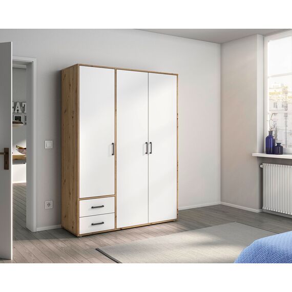 Rauch Möbel Voyager, Kleiderschrank für Schlafzimmer, Kinderzimmer, Babyzimmer, Jugendzimmer, Flur, 3-türig, 2 Schubladen, mit Zubehör Basic, Farbe Weiß/Eiche Artisan, Breite 140cm