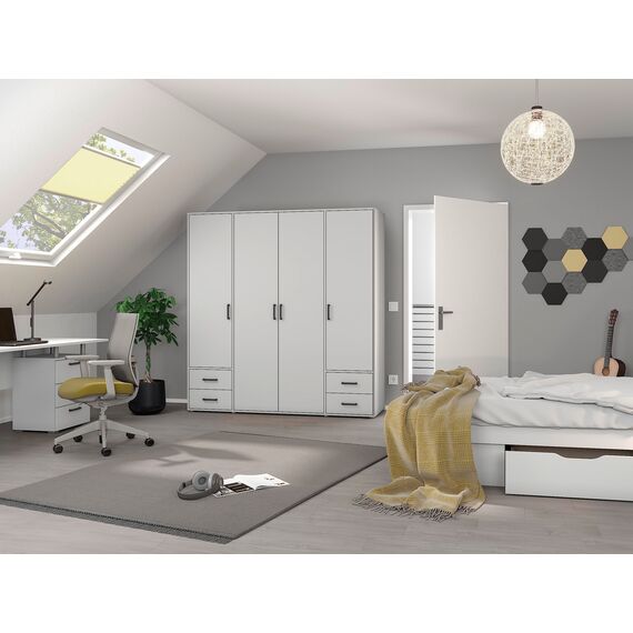 Rauch Möbel Voyager, Kleiderschrank für Schlafzimmer, Kinderzimmer, Babyzimmer, Jugendzimmer, Flur, 4-türig, 4 Schubladen, mit Zubehör Basic, Farbe Weiß, Breite 187cm