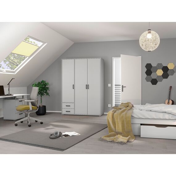 Rauch Möbel Voyager, Kleiderschrank für Schlafzimmer, Kinderzimmer, Babyzimmer, Jugendzimmer, Flur, 3-türig, 2 Schubladen, mit Zubehör Basic, Farbe Weiß, Breite 140cm