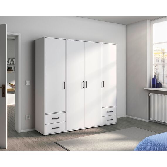 Rauch Möbel Voyager, Kleiderschrank für Schlafzimmer, Kinderzimmer, Babyzimmer, Jugendzimmer, Flur, 4-türig, 4 Schubladen, mit Zubehör Basic, Farbe Weiß, Breite 187cm