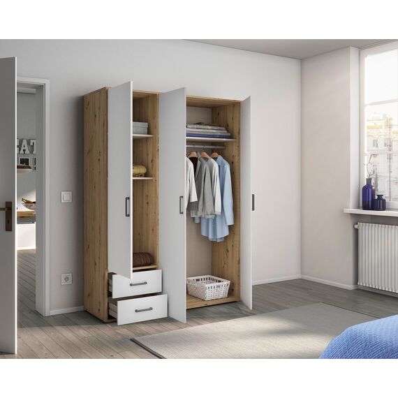 Rauch Möbel Voyager, Kleiderschrank für Schlafzimmer, Kinderzimmer, Babyzimmer, Jugendzimmer, Flur, 3-türig, 2 Schubladen, mit Zubehör Basic, Farbe Weiß/Eiche Artisan, Breite 140cm