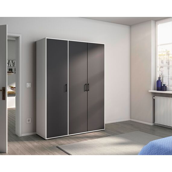 Rauch Möbel Voyager, Kleiderschrank für Schlafzimmer, Kinderzimmer, Babyzimmer, Jugendzimmer, Flur, 3-türig, mit Zubehör Basic, Farbe Gra umetallic, Schwarz/Weiß, Breite 140cm