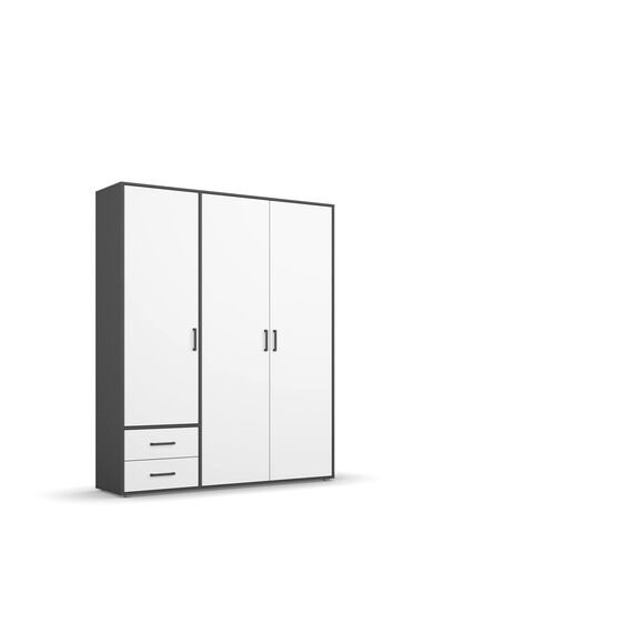 Rauch Möbel Voyager, Kleiderschrank für Schlafzimmer, Kinderzimmer, Jugendzimmer, Flur, 3-türig, 2 Schubladen, mit Zubehör Premium, Farbe Weiß/Grau metallic, Schwarz, Breite 140cm