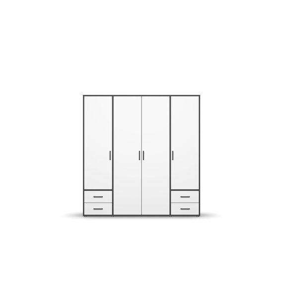 Rauch Möbel Voyager, Kleiderschrank für Schlafzimmer, Kinderzimmer, Jugendzimmer, Flur, 4-türig, 4 Schubladen, mit Zubehör Classic, Farbe Weiß/Grau metallic, Schwarz, Breite 187cm
