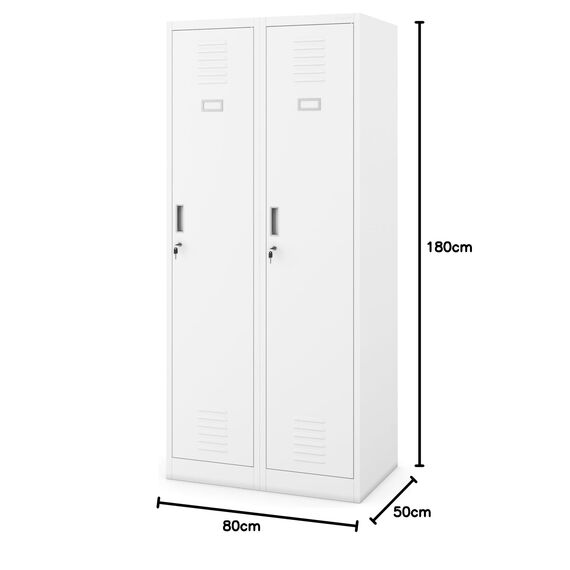 Jan Nowak Spind Schrank, Kleiderschrank, Metallschrank, Schließfachschrank | 2 Abteile mit Kleiderstange, Lüftungsschlitze, Trennwände, 4 Kleiderhaken pro Abteil | 180 cm x 80 cm x 50 cm (Weiß)