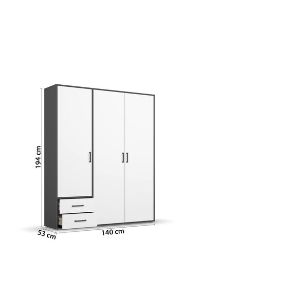 Rauch Möbel Voyager, Kleiderschrank für Schlafzimmer, Kinderzimmer, Jugendzimmer, Flur, 3-türig, 2 Schubladen, mit Zubehör Premium, Farbe Weiß/Grau metallic, Schwarz, Breite 140cm