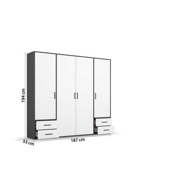 Rauch Möbel Voyager, Kleiderschrank für Schlafzimmer, Kinderzimmer, Jugendzimmer, Flur, 4-türig, 4 Schubladen, mit Zubehör Classic, Farbe Weiß/Grau metallic, Schwarz, Breite 187cm