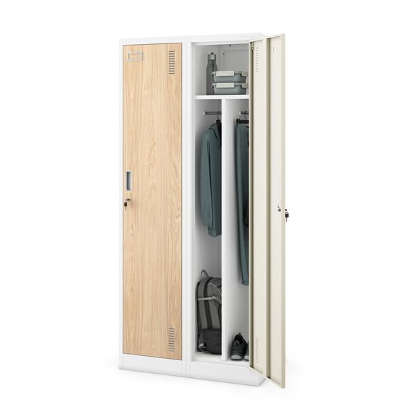 Jan Nowak Spind Schrank, Metallschrank, Schließfachschrank | 2 Abteile mit Kleiderstange, Trennwände, Lüftungsschlitze, 4 Kleiderhaken pro Abteil, Metall | 180 cm x 80 cm x 50 cm, Weiß/Sonoma Eiche
