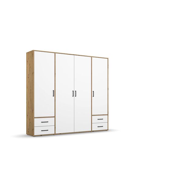 Rauch Möbel Voyager, Kleiderschrank für Schlafzimmer, Kinderzimmer, Jugendzimmer, Flur, 4-türig, 4 Schubladen, mit Zubehör Classic, Farbe Weiß/Eiche Artisan, Holz, Breite 187cm