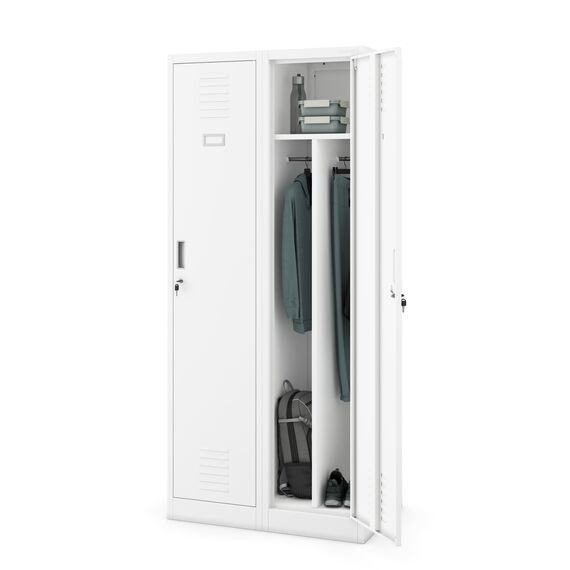 Jan Nowak Spind Schrank, Kleiderschrank, Metallschrank, Schließfachschrank | 2 Abteile mit Kleiderstange, Lüftungsschlitze, Trennwände, 4 Kleiderhaken pro Abteil | 180 cm x 80 cm x 50 cm (Weiß)