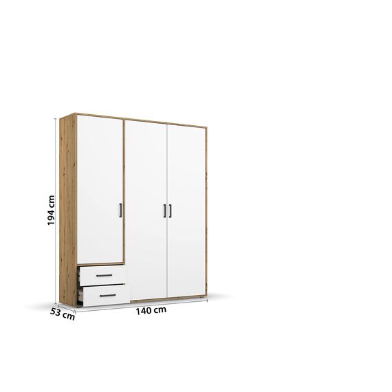 Rauch Möbel Voyager, Kleiderschrank für Schlafzimmer, Kinderzimmer, Jugendzimmer, Flur, 3-türig, 2 Schubladen, mit Zubehör Classic, Farbe Weiß/Eiche Artisan, Holz, Breite 140cm