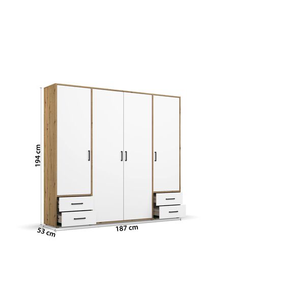 Rauch Möbel Voyager, Kleiderschrank für Schlafzimmer, Kinderzimmer, Jugendzimmer, Flur, 4-türig, 4 Schubladen, mit Zubehör Classic, Farbe Weiß/Eiche Artisan, Holz, Breite 187cm