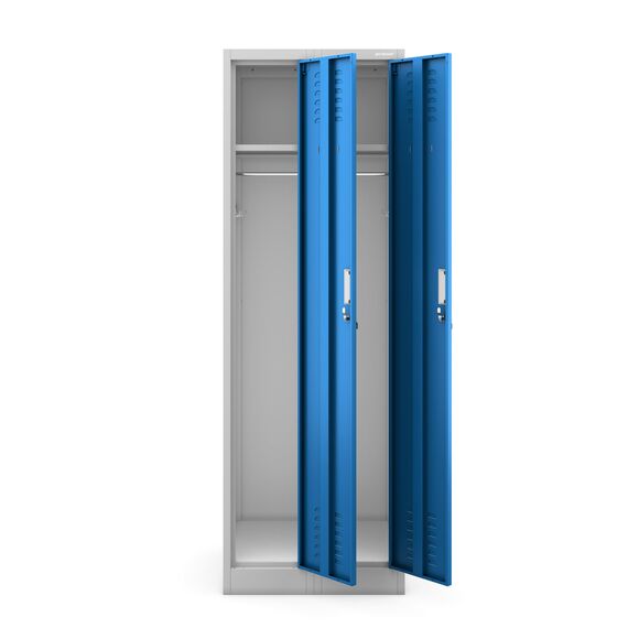 Jan Nowak Spind Schrank, Kleiderschrank, Metallschrank, Schließfachschrank | 2 Abteile mit Kleiderstange, Lüftungsschlitze, Trennwände, 4 Kleiderhaken pro Abteil | 180 cm x 60 cm x 50 cm, Grau-Blau