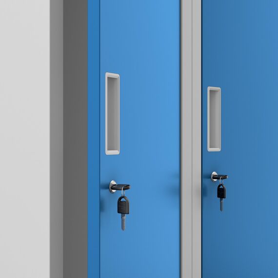 Jan Nowak Spind Schrank, Kleiderschrank, Metallschrank, Schließfachschrank | 2 Abteile mit Kleiderstange, Lüftungsschlitze, Trennwände, 4 Kleiderhaken pro Abteil | 180 cm x 60 cm x 50 cm, Grau-Blau