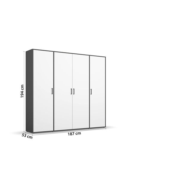 Rauch Möbel Voyager, Kleiderschrank für Schlafzimmer, Kinderzimmer, Jugendzimmer, Flur, 4-türig, mit Zubehör Premium, Farbe Weiß/Grau metallic, Schwarz, Breite 187cm