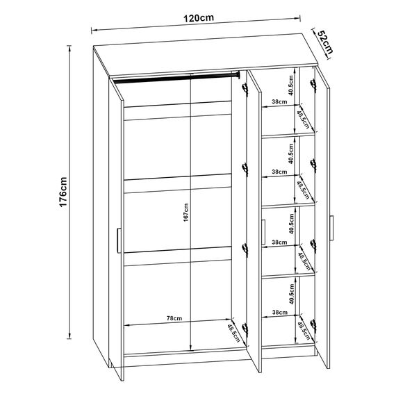 [en.casa] Kleiderschrank Eiselfing Schrank mit 3 Türen Garderobenschrank 176 x 120 x 52 cm Schlafzimmerschrank 1 Kleiderstange 4 Fächer Weiß