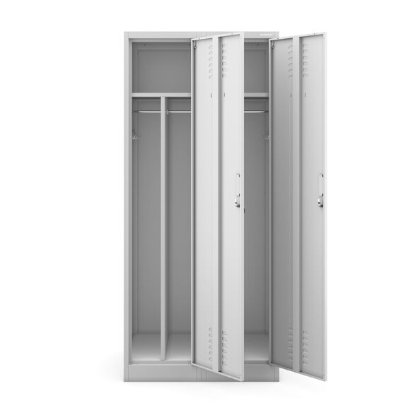 Jan Nowak Spind Schrank, Metallschrank, Kleiderschrank, Schließfachschrank | 2 Abteile mit Kleiderstange, Trennwände, Lüftungsschlitze, 4 Kleiderhaken pro Abteil | 180 cm x 80 cm x 50 cm, Grau