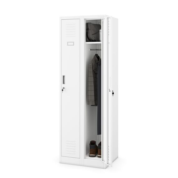 Jan Nowak Spind Schrank, Kleiderschrank, Metallschrank, Schließfachschrank | 2 Abteile mit Kleiderstange, Lüftungsschlitze, Trennwände, 4 Kleiderhaken pro Abteil | 180 cm x 60 cm x 50 cm, Weiß